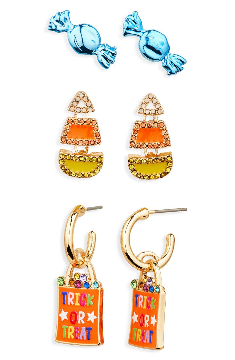 BaubleBar Set of 3 Halloween Candy Corn Stud & Hoop Earrings, Main, color, Orange Multi