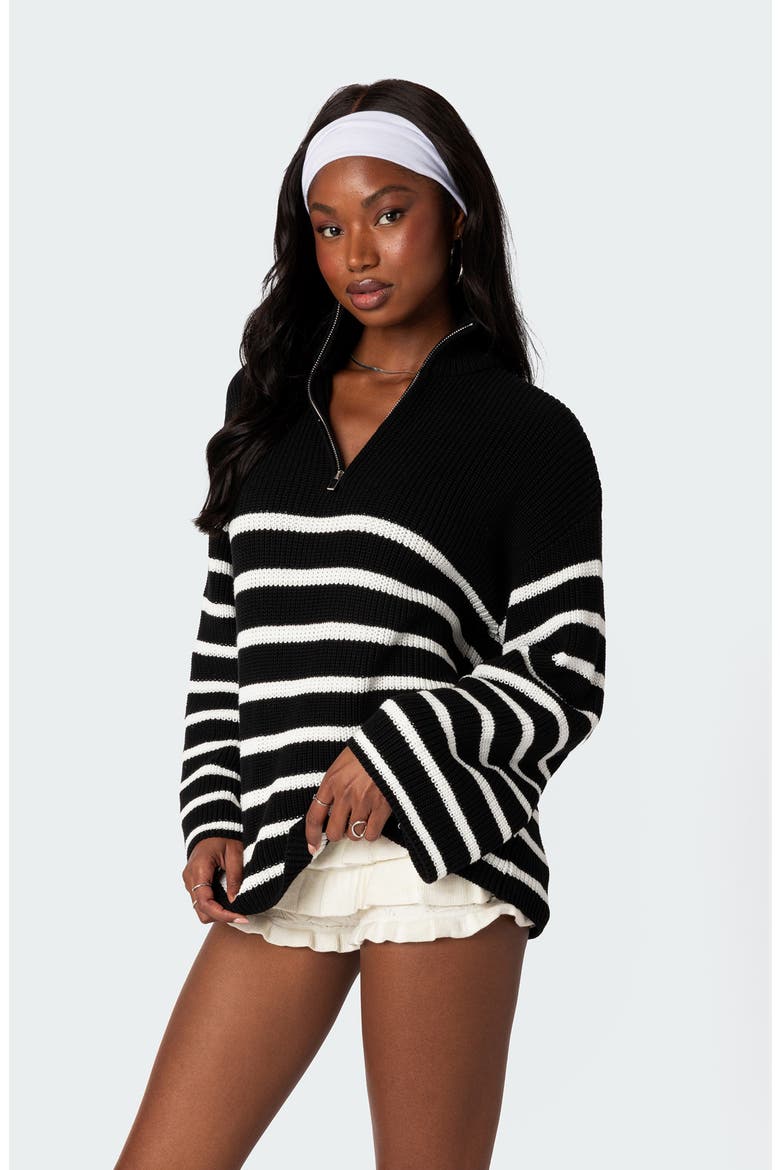 Stripe Oversize Quarter Zip Sweater, Alternate, color, BLACK-AND-WHITE