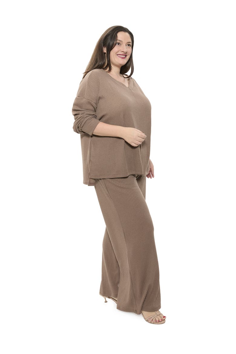 Plus Size V Neck Long Sleeve Soft Waffle Knit Top and Pant Set, Alternate, color, Taupe