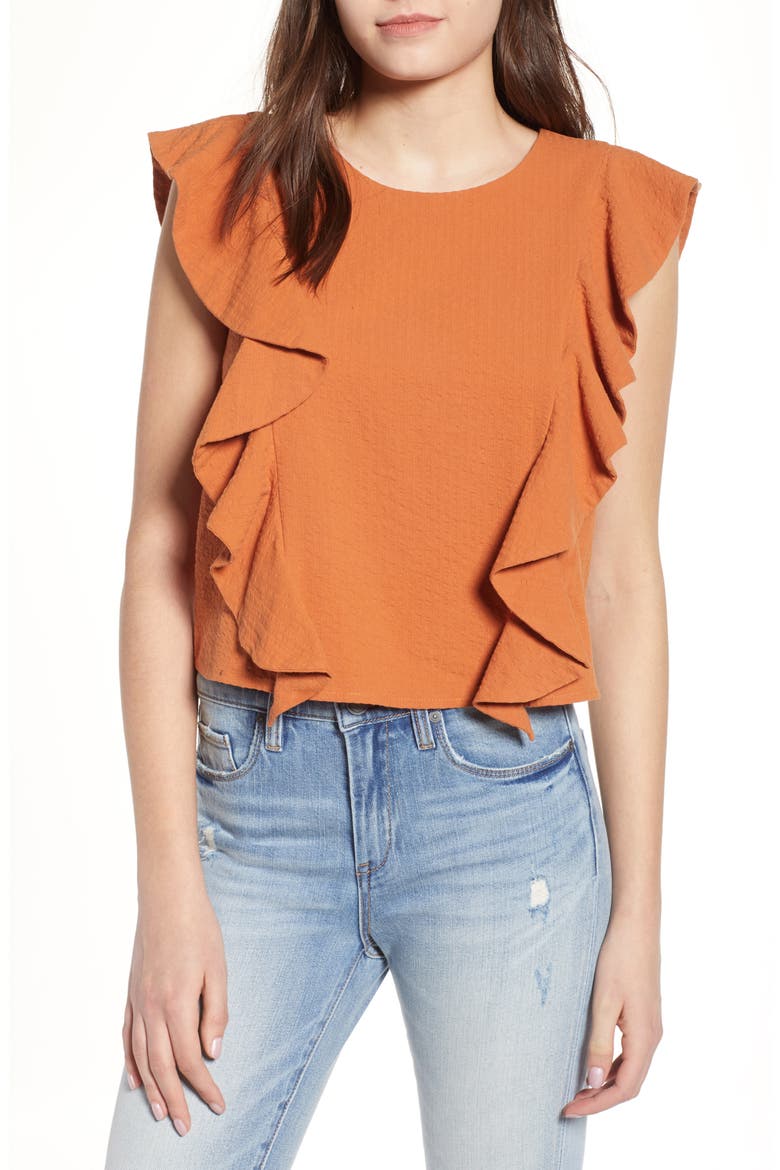 Seersucker Ruffle Top, Main, color, TAN ADOBE