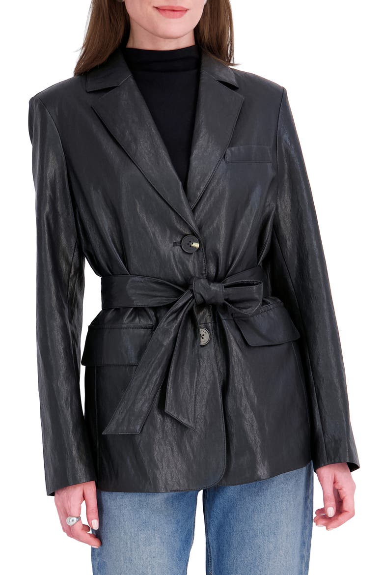 Valentina Belted Faux Leather Jacket, Main, color, BLACK