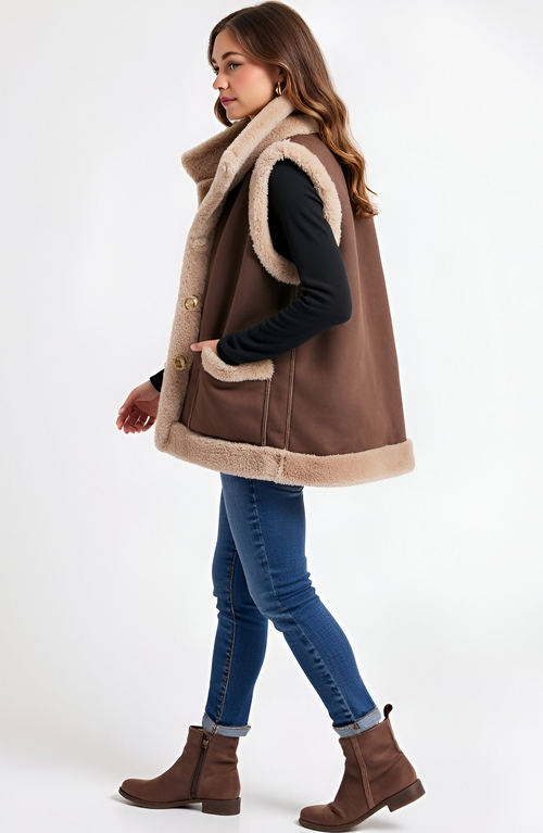 Modenaire Faux Shearling Trim Vest In Brown