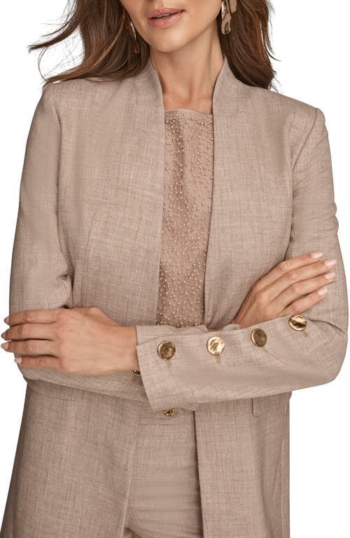Donna Karan Womens Petites Four Button Long Blazer Coat Sleeveless Boat Neck Tank Top Straight Leg Pant In Brown