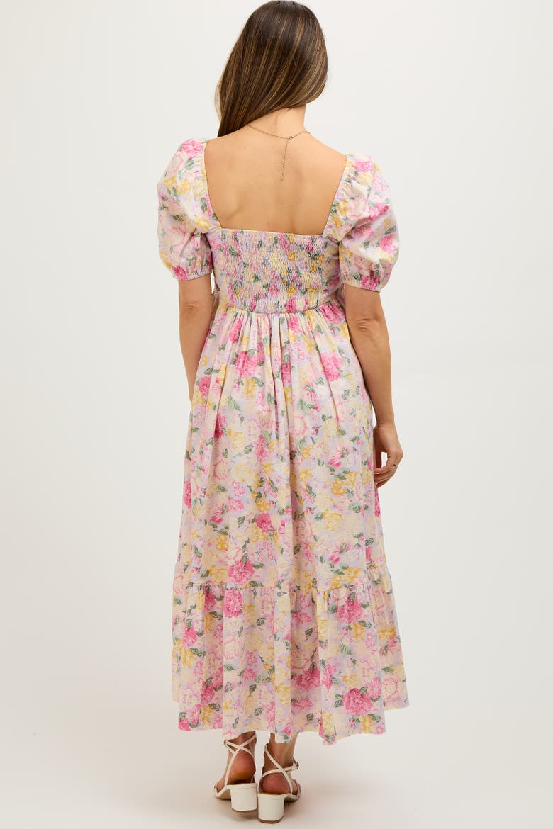 Floral Pleated Puff Sleeve Midi Dress, Alternate, color, Lavender