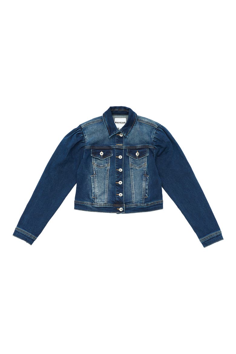 Puff Shoulder Crop Denim Jacket, Alternate, color, STELLAR