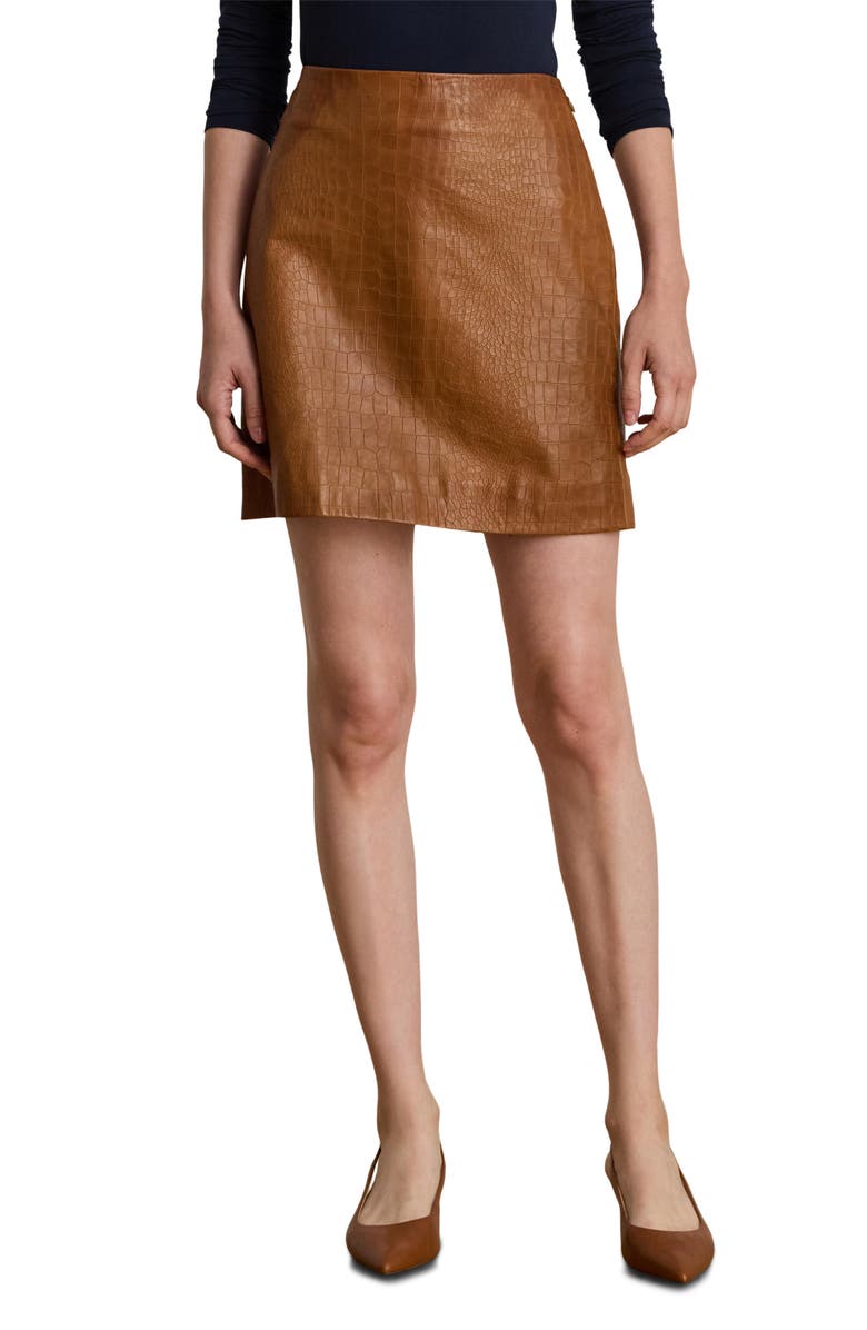 Lauren Ralph Lauren Croc Embossed Lambskin Leather Miniskirt, Main, color, Cuoio