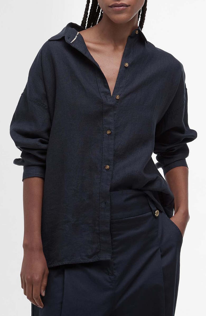 Barbour Hampton Linen Button-Up Shirt, Main, color, Dark Navy / Safari Tartan