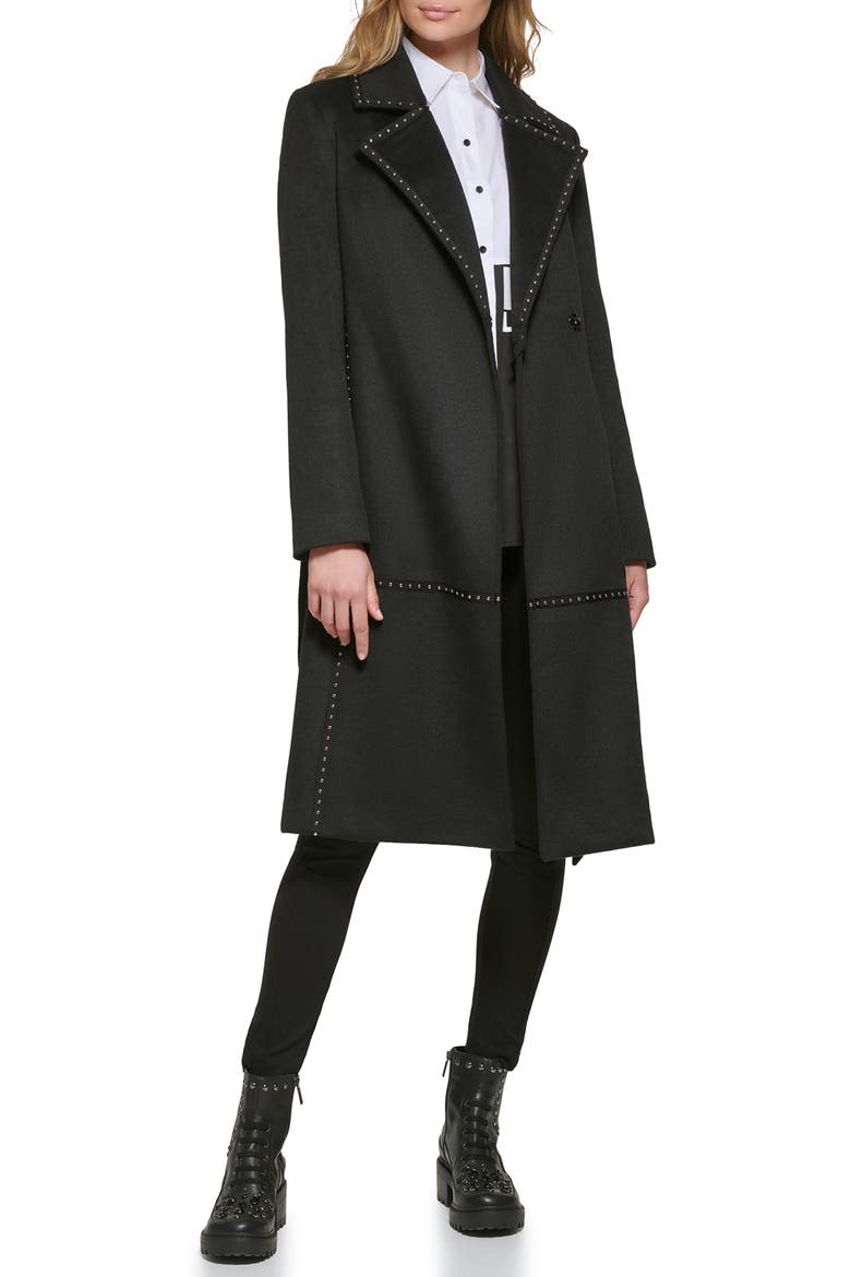 Stud Detail Wool Blend Wrap Coat, Alternate, color, BLACK