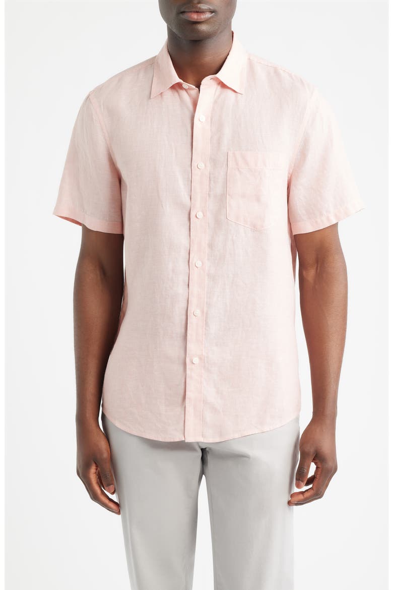 Solid Short Sleeve Linen Button-Up Shirt, Main, color, PINK TAN - WHITE EOE