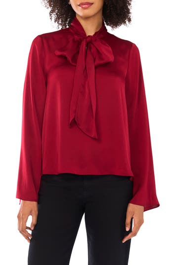 Parker Neck Tie Long Sleeve Top In Red