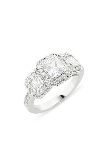 Covet Cubic Zirconia Three Stone Halo Engagement Ring in Rhodium at Nordstrom Rack, Size 5