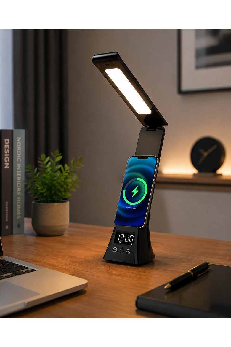 3-in-1 LED Desk Lamp with Charger & Alarm Clock, Alternate, color, Black