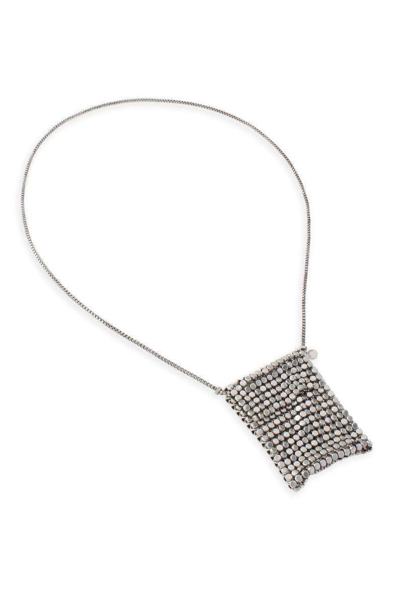 Chainmail Bag Long Pendant Necklace, Alternate, color, WARM SILVER