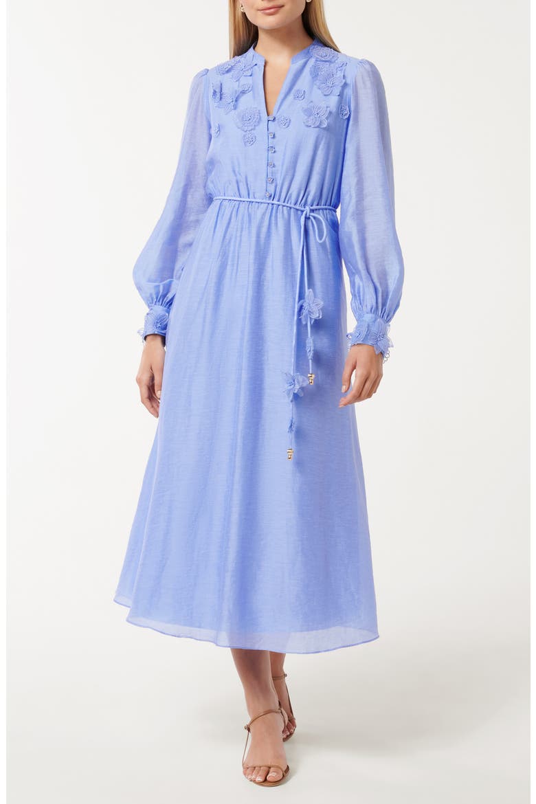 Yasmin Floral Appliqué Long Sleeve Midi Dress, Main, color, HYDRANGEA