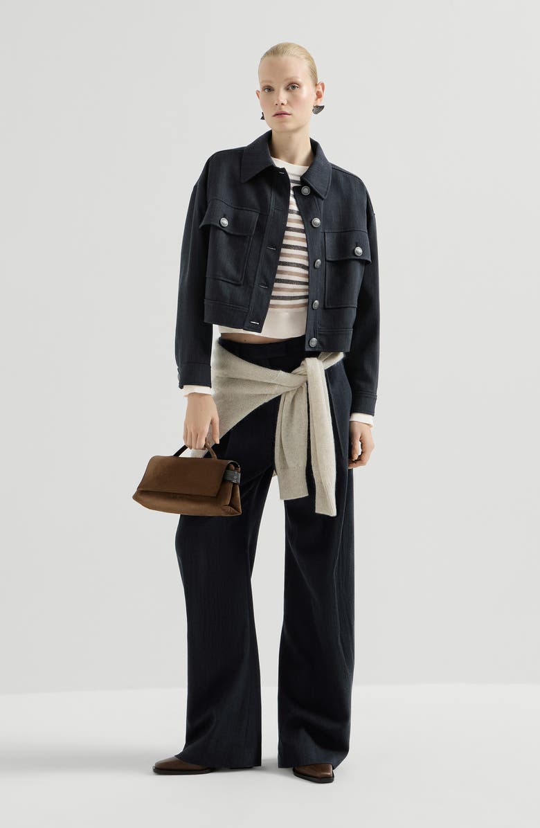 Brunello Cucinelli Crêpe chevron cropped outerwear jacket, Alternate, color, Navy Blue