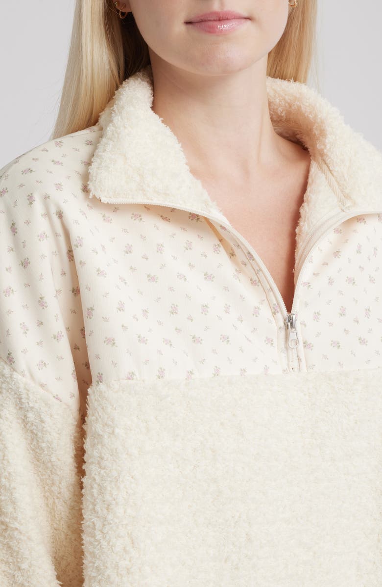 HAPPY CAMP3R Vintage Flower Aria Mixed Media Quarter Zip Fleece Sweatshirt, Alternate, color, Cream