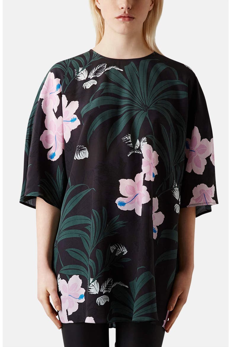 Jungle Print Silk Tunic Top, Main, color, BLACK