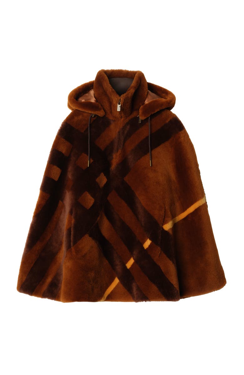 Burberry Check Intarsia Shearling Cape, Main, color, Ginger Brown