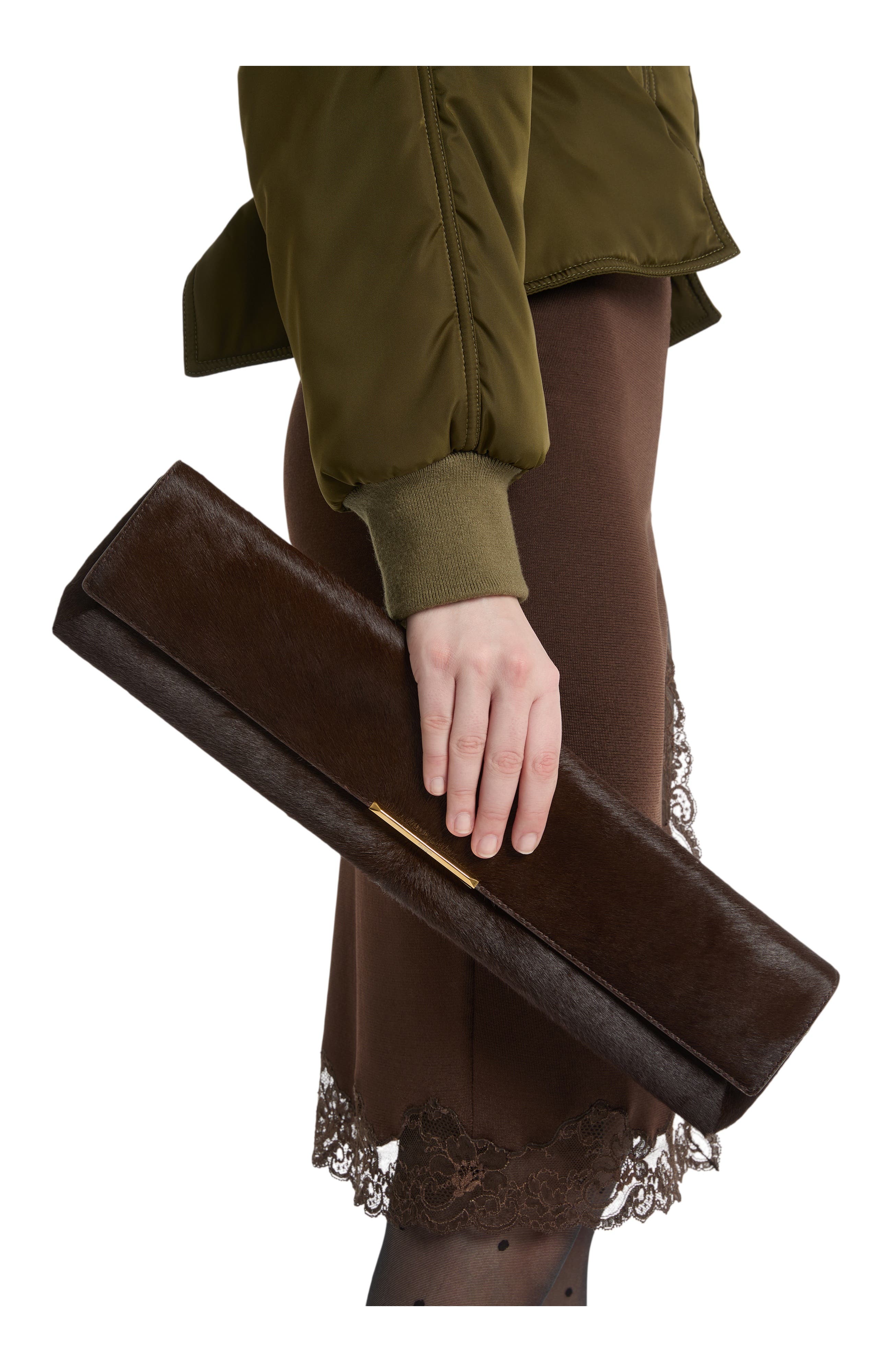 Long Clutch Bag in Pony-Effect Leather, Alternate, color, dark brown