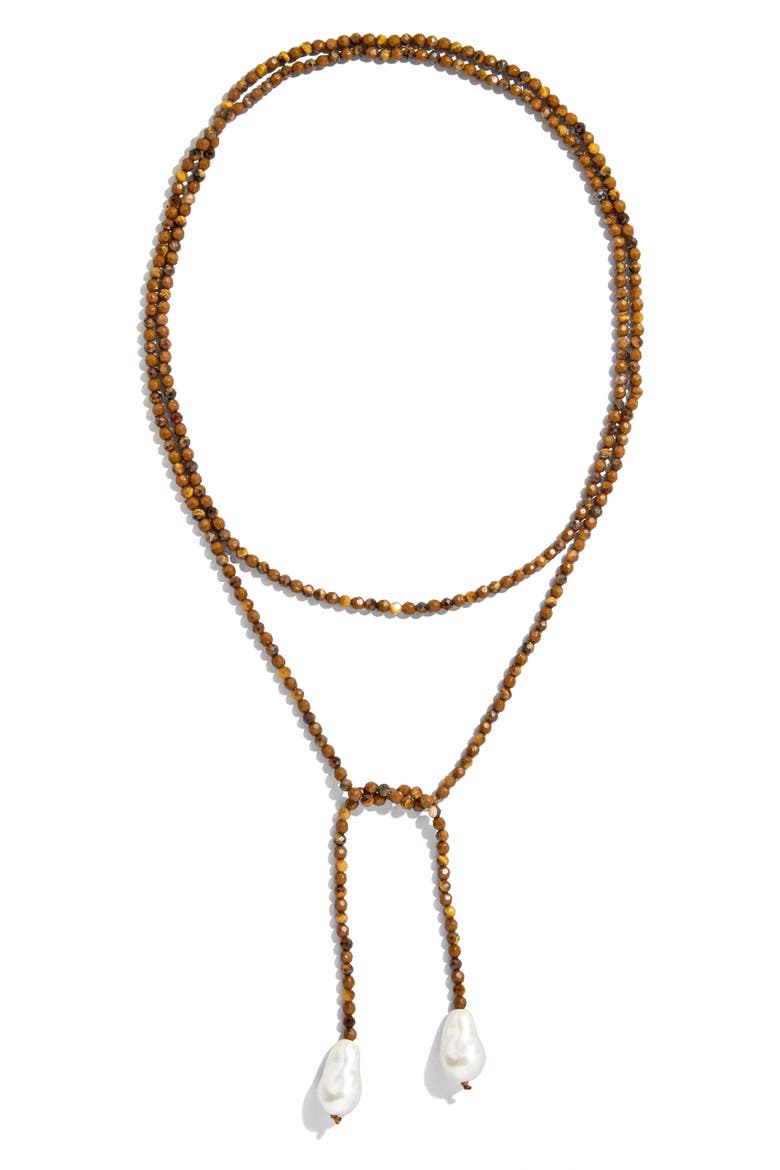 Faux Pearl & Faux Semi Precious Stone Wrap Necklace, Alternate, color, BROWN