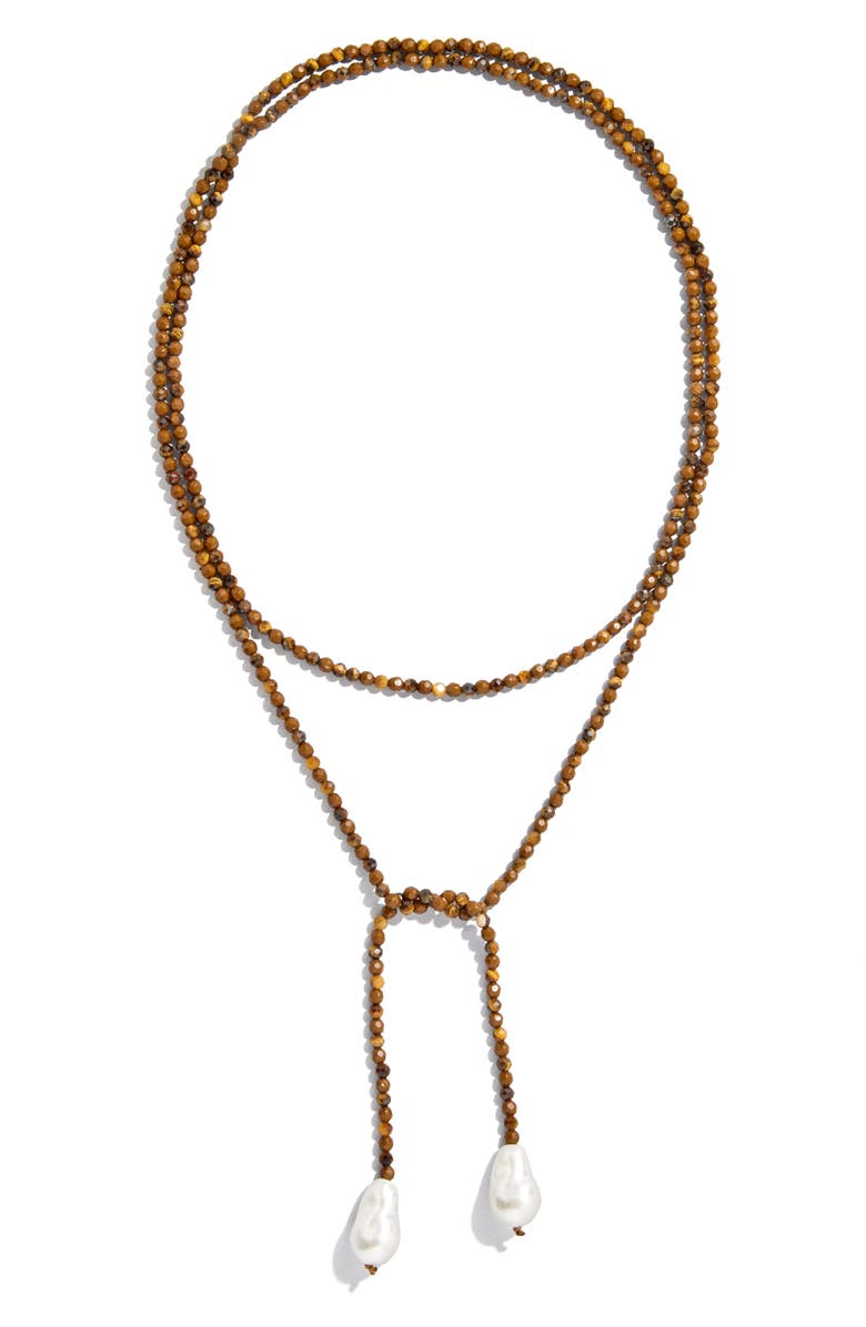 BaubleBar Faux Pearl & Faux Semi Precious Stone Wrap Necklace, Alternate, color, Brown