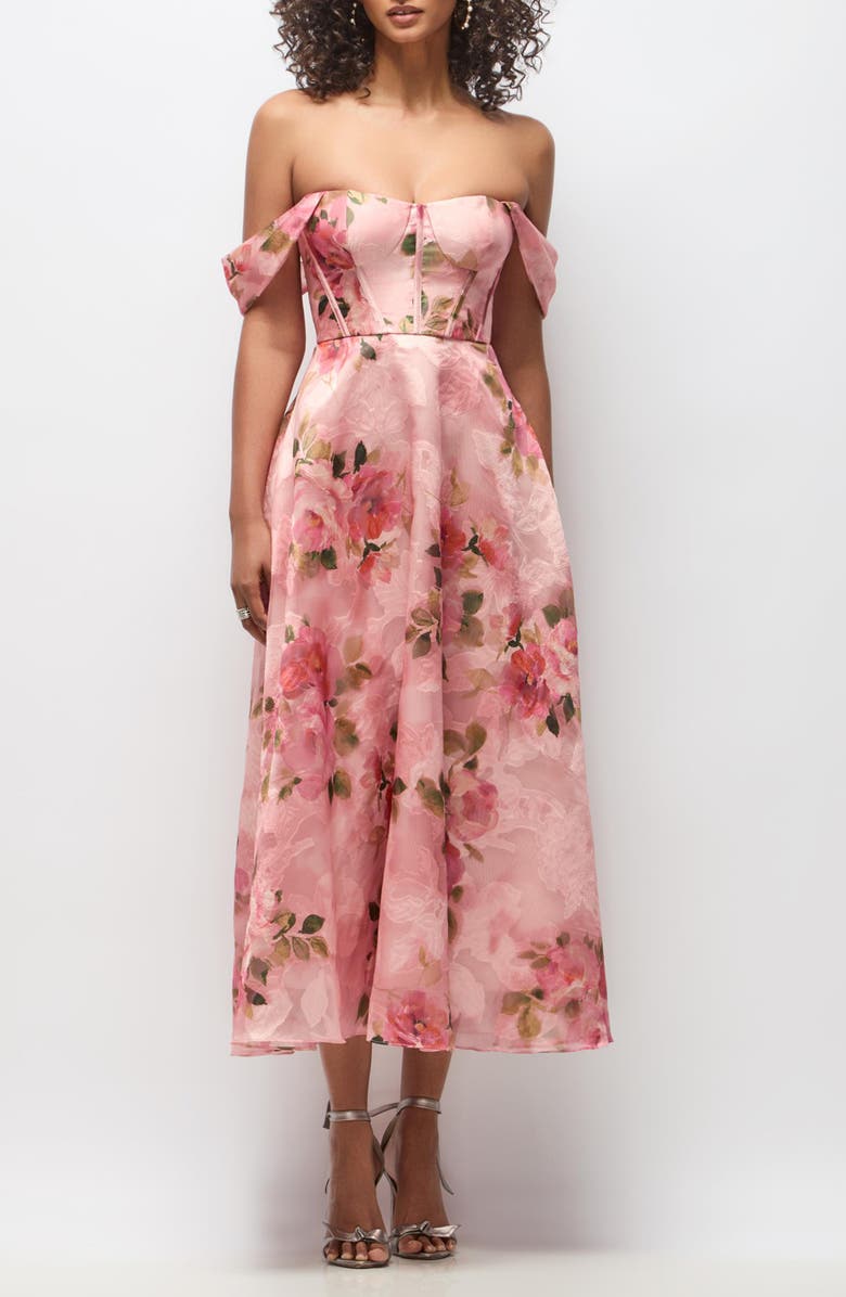 Dessy Collection Edie Floral Jacquard Cocktail Midi Dress, Main, color, Guava Floral Print