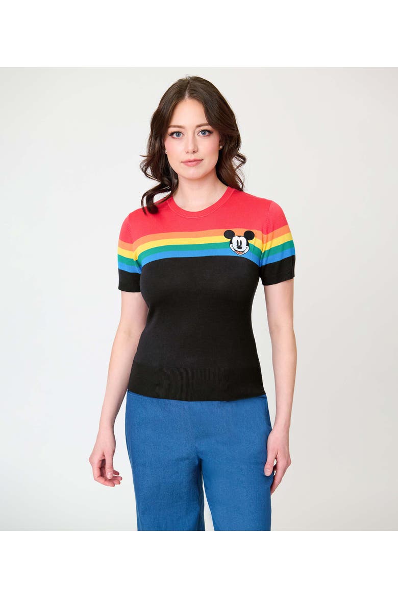 Patterned Short Sleeve Sweater, Main, color, Black Rainbow Mickey