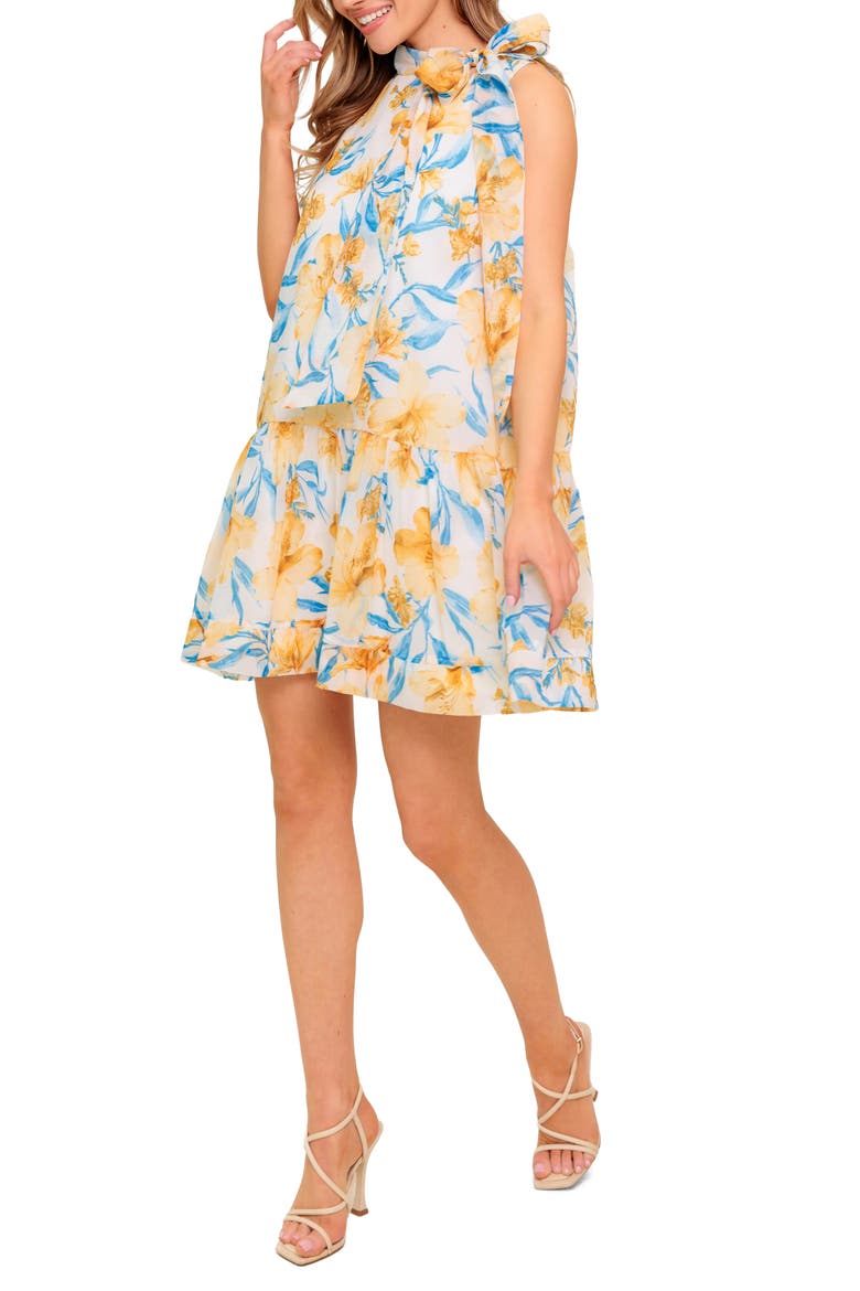 Floral Tie Neck Sleeveless Trapeze Dress, Alternate, color, BLUE/ IVORY