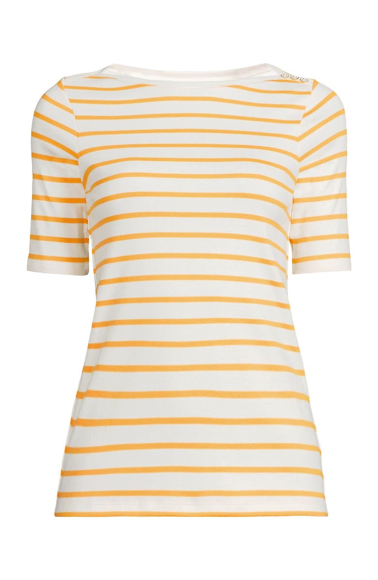 Lands' End Plus Size Supima Cotton Elbow Sleeve Boatneck Button Shoulder Tee, Alternate, color, White