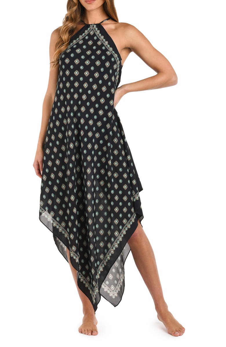 L'AGENCE Elise Southwestern Medallion Print Cover-Up Halter Dress, Main, color, Black