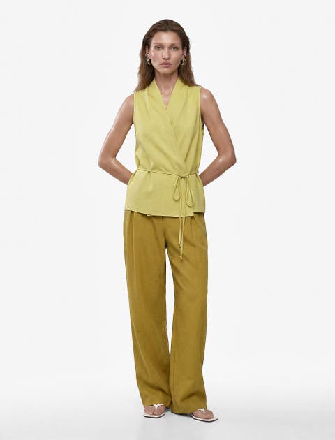 Linen Blend Halter Neck Wrap Blouse with Tie