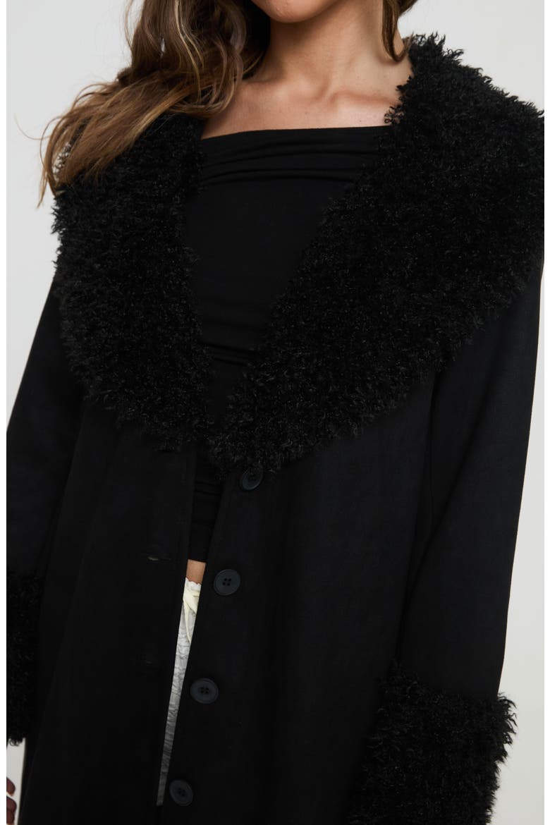 After Party Faux Suede Long Coat with Faux Shearling Trim, Alternate, color, BLACK