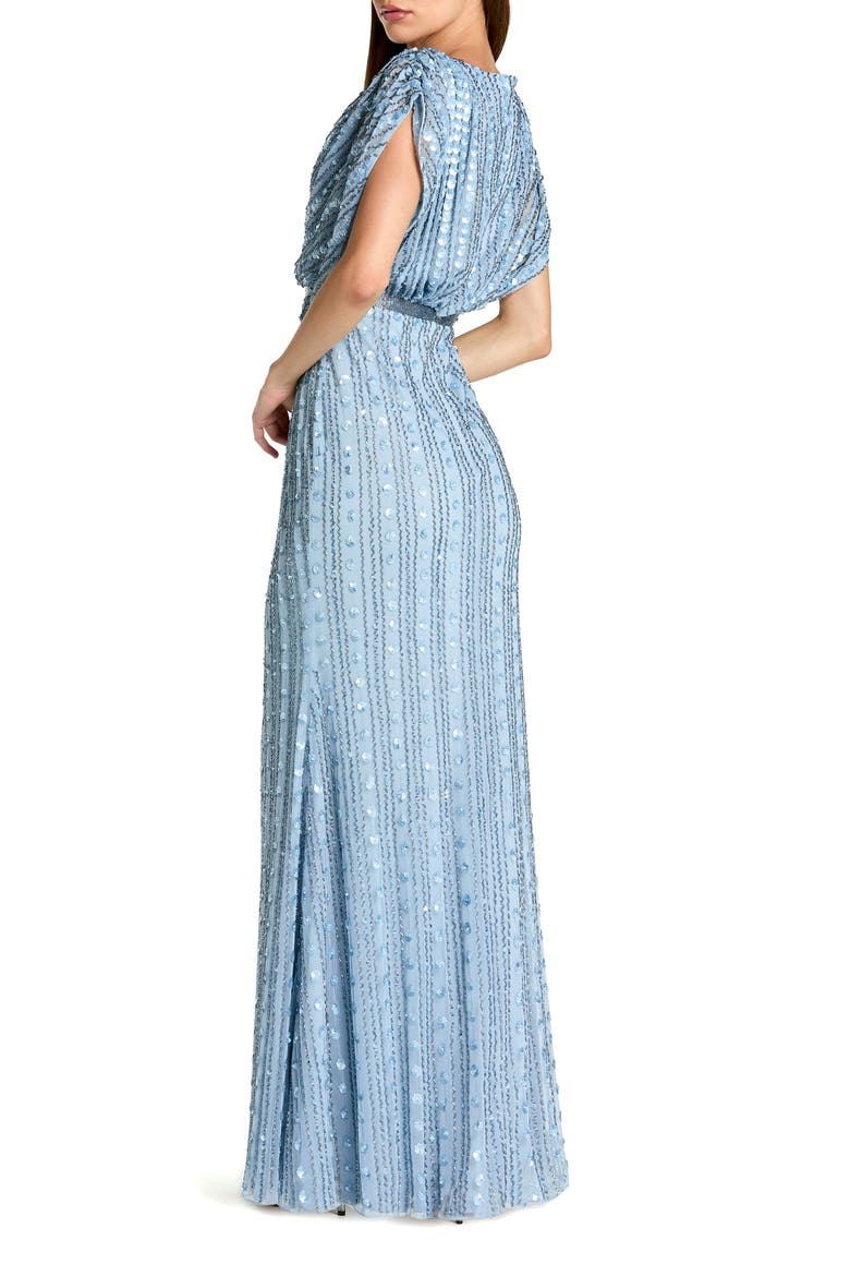 Beaded Mesh Blouson V Neck Column Gown, Alternate, color, Periwinkle