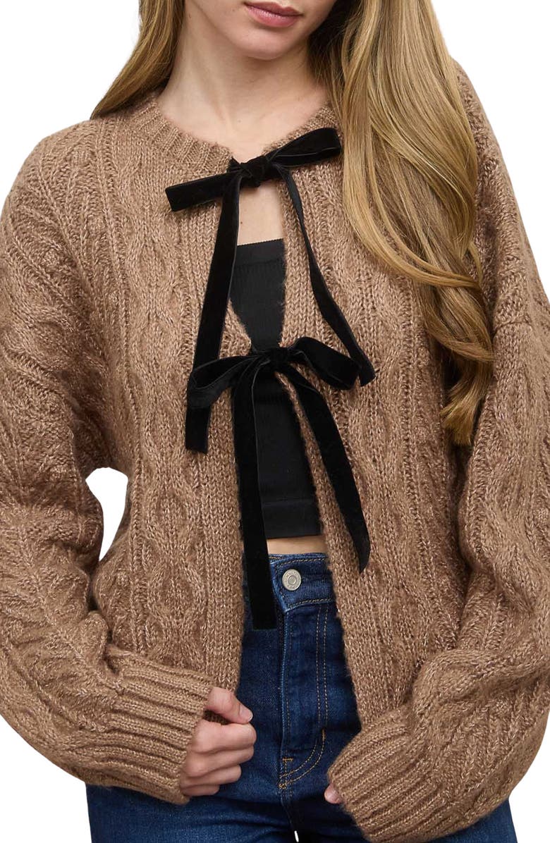 Blu Pepper Velvet Bow Cable Stitch Cardigan, Main, color, Mocha