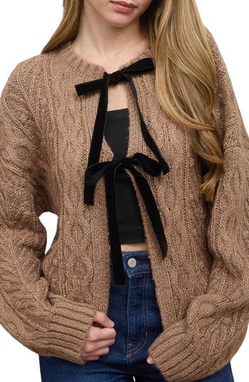 Blu Pepper Velvet Bow Cable Stitch Cardigan In Brown