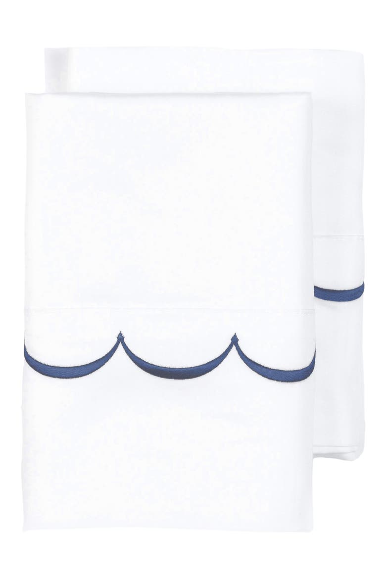 Scalloped Edge Embroidered 600 Thread Count Pillowcases, Main, color, WHITE/ NAVY