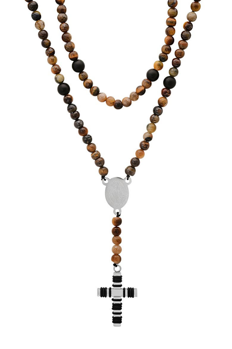 Men's Tiger's Eye Beaded Rosary Necklace, Main, color, BROWN MULTI