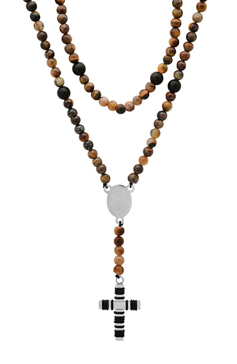 HMY JEWELRY Men's Tiger's Eye Beaded Rosary Necklace, Main, color, Brown Multi