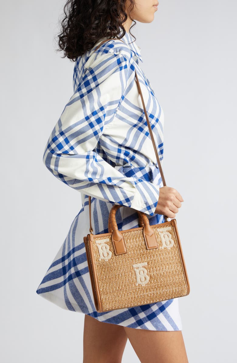Burberry Mini Freya TB Monogram Raffia Tote, Alternate, color,