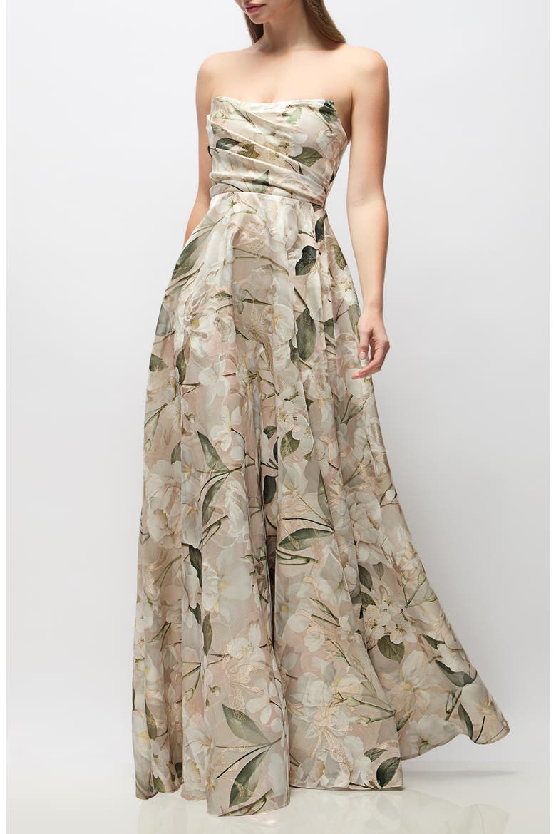 Alden Metallic Plumeria Strapless Organza Gown, Main, color, PLUMERIA FLORAL PRINT