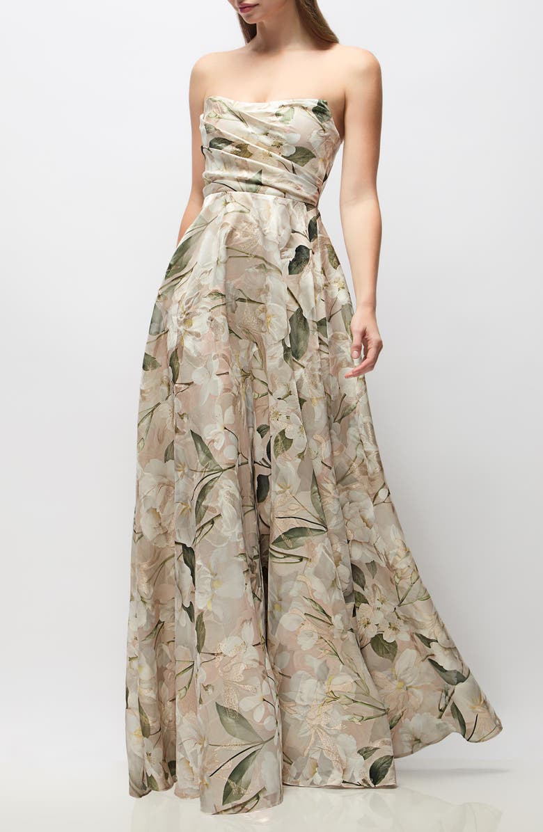 Dessy Collection Alden Metallic Plumeria Strapless Organza Gown, Main, color, Plumeria Floral Print