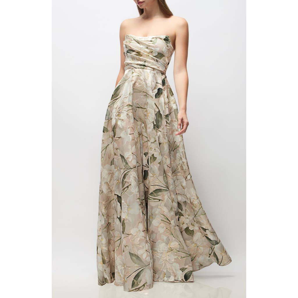 Dessy Collection Alden Metallic Plumeria Strapless Organza Gown in Plumeria Floral Print at Nordstrom, Size 6