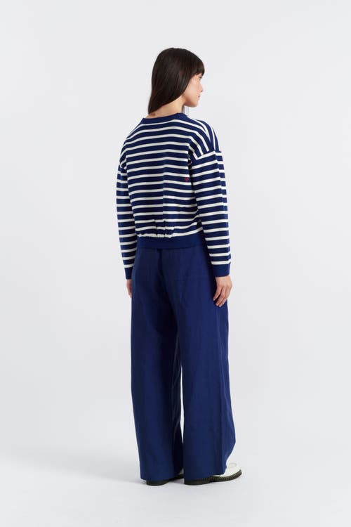 Chinti & Parker Snoopy Breton Milano Embroidered Merino Wool Cardigan In Admiral Blue/cream