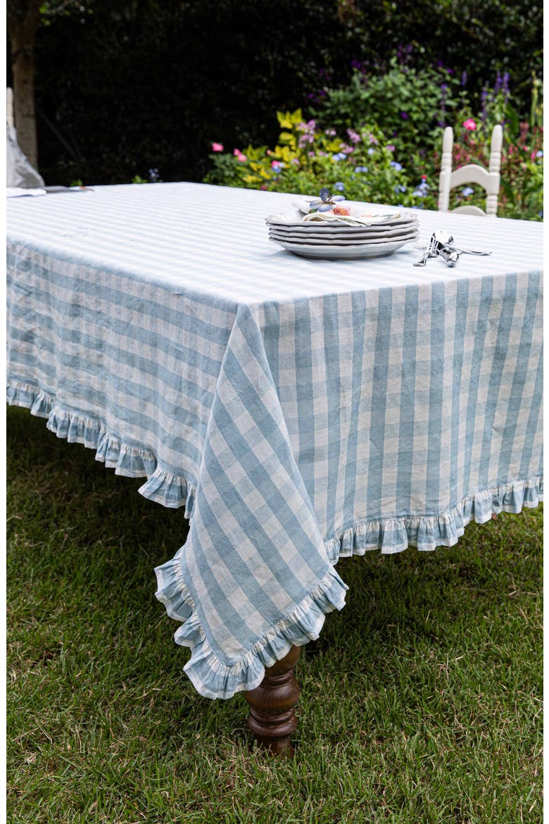 Gingham Ruffle Cotton & Linen Tablecloth, Alternate, color, OCEAN