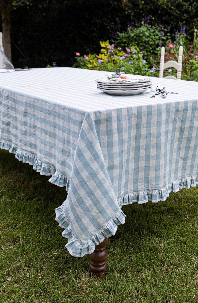 Juliska Gingham Ruffle Cotton & Linen Tablecloth, Alternate, color, Ocean