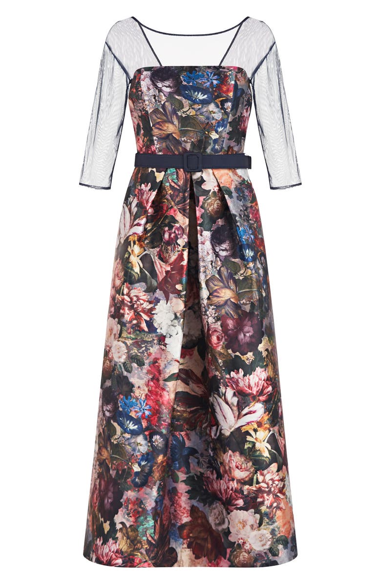 Kay Unger Bonnie Floral Mixed Media Midi Cocktail Dress, Alternate, color, 