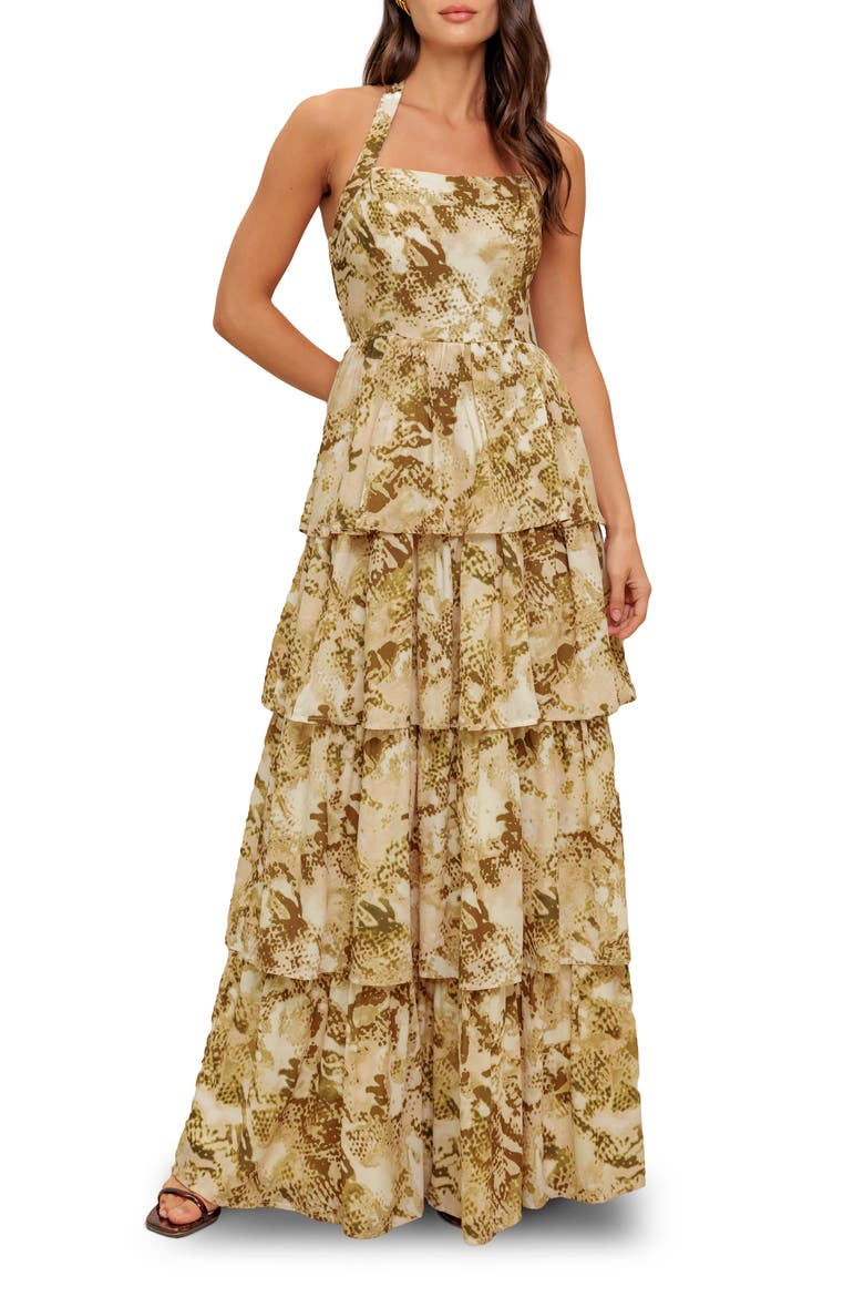 Abstract Print Tiered Maxi Dress, Main, color, TAUPE