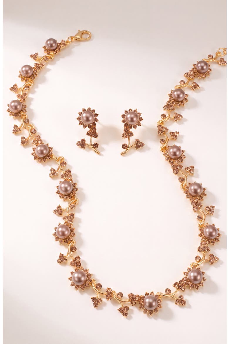 Pearl and Crystal Floral Necklace and Earrings Set, Alternate, color, Gold