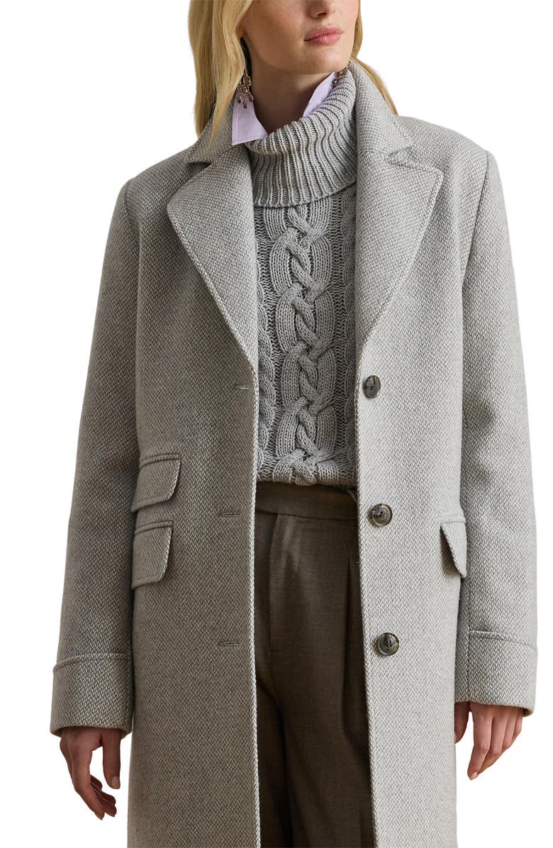Lauren Ralph Lauren Longline Herringbone Wool Blend Reefer Coat, Alternate, color, Light Grey Broken Twill
