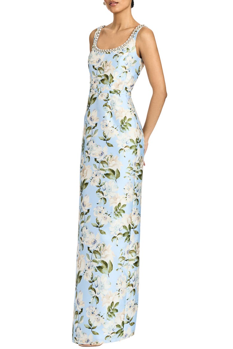 Lana Floral Stretch Mikado Gown, Alternate, color, SKY CAMELLIA